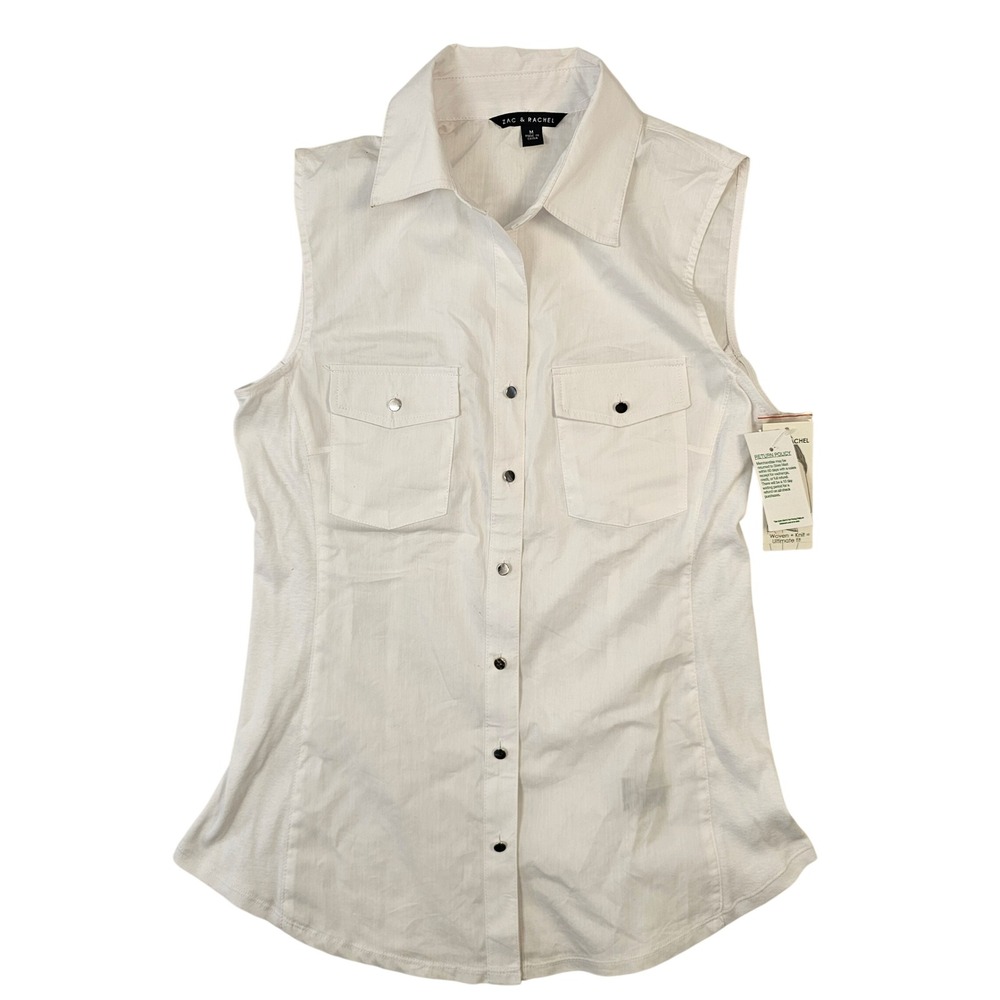 Zac & Rachel Womens White Sleeveless Snap Button Shirt Pockets Ultimate Fit M